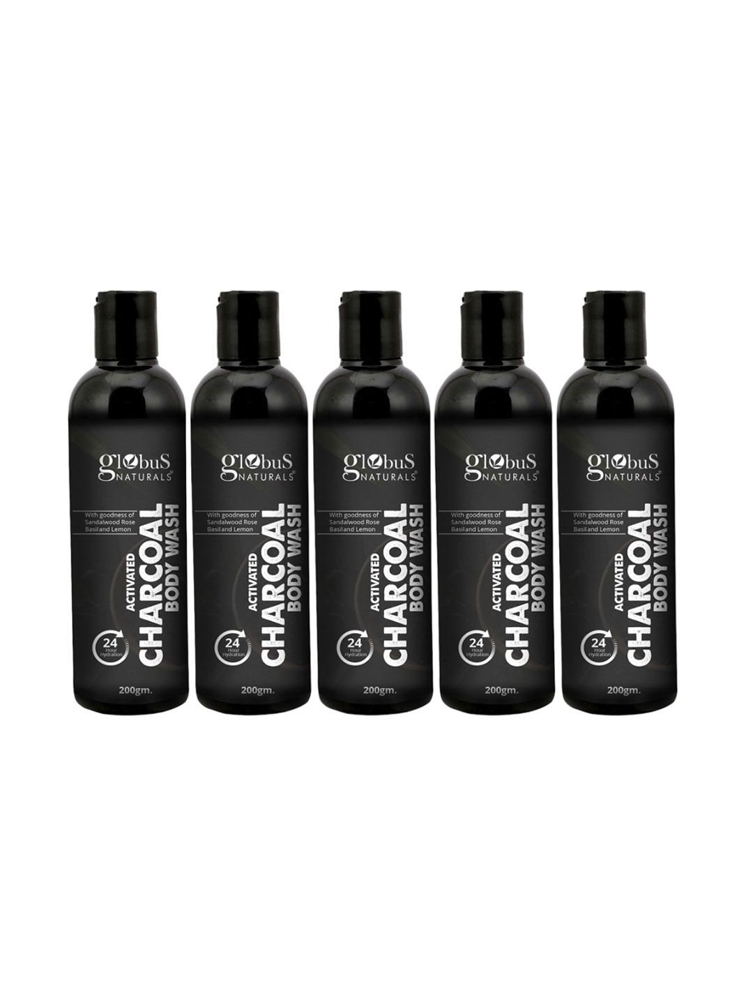 Globus naturals 5 Pcs Activated Charcoal Body Wash Enriched With Sandalwood - 200g Each