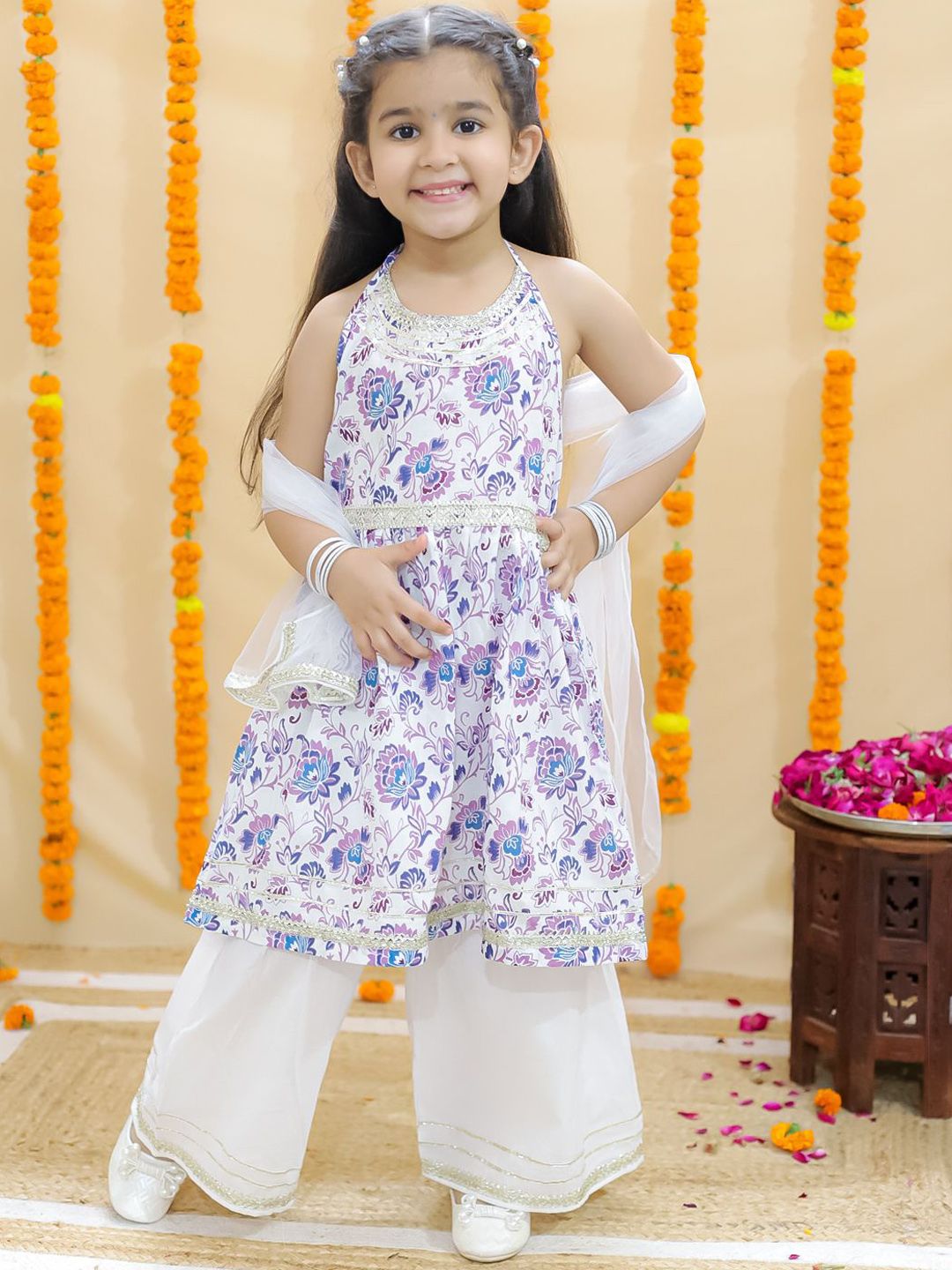JUNITOS Girls Floral Printed Halter Neck Pure Cotton A-Line Kurta with Sharara & Dupatta