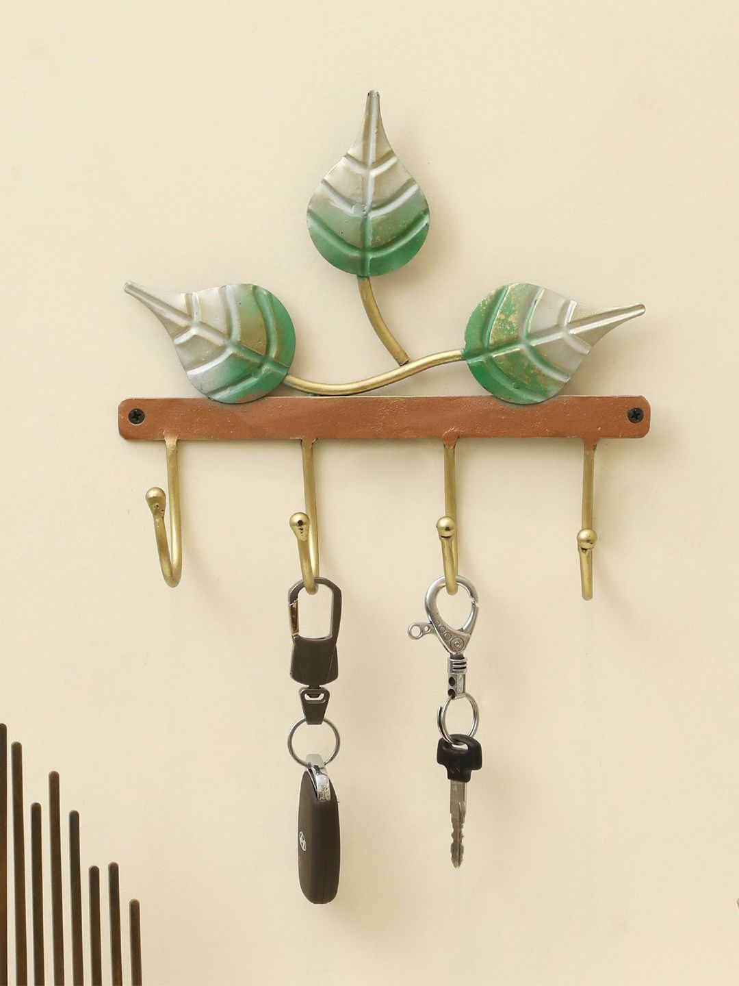 vedas Gold Toned & Green Textured Metal Wall Hooks