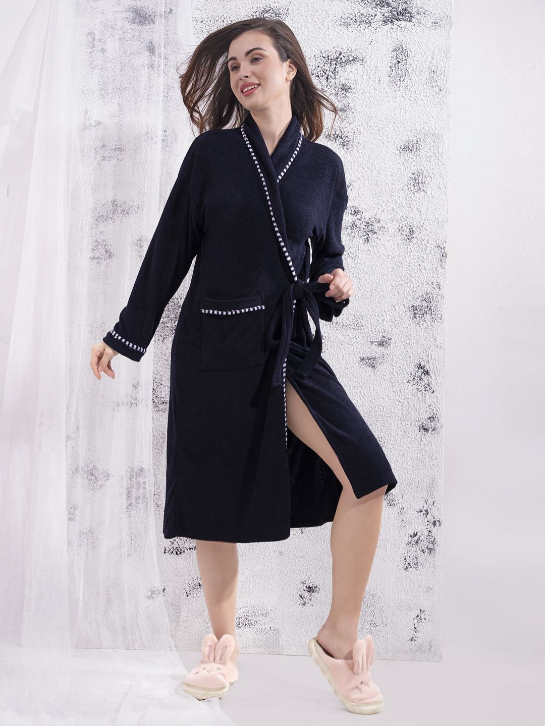 HotGown Navy Blue Bath Robe With  Front Pockets