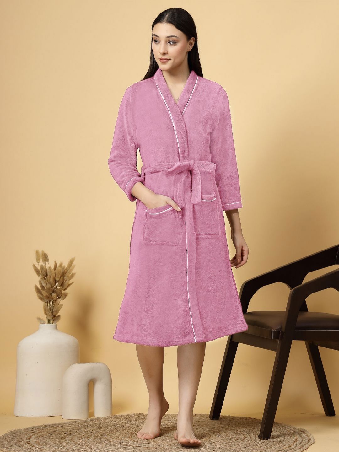 FABINALIV Women Cotton Bath Robe with Belt and 2 Front Pockets