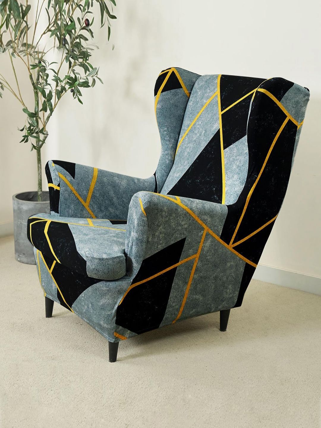 HOKIPO Blue & Black Printed Wing Chair Cover