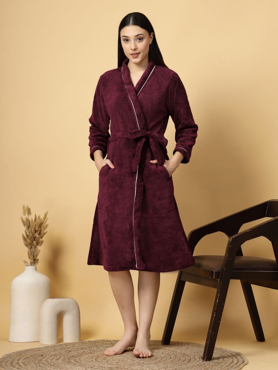 FABINALIV Women Solid Cotton Bath Robe with Belt and 2 Cross Pockets