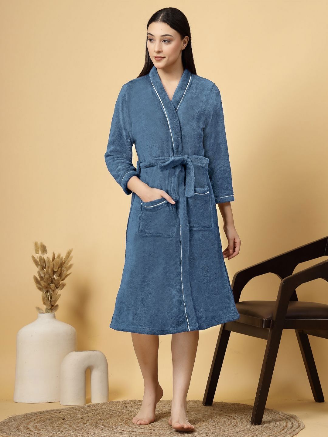 FABINALIV Solid Cotton Bath Robe with Belt and 2 Front Pockets