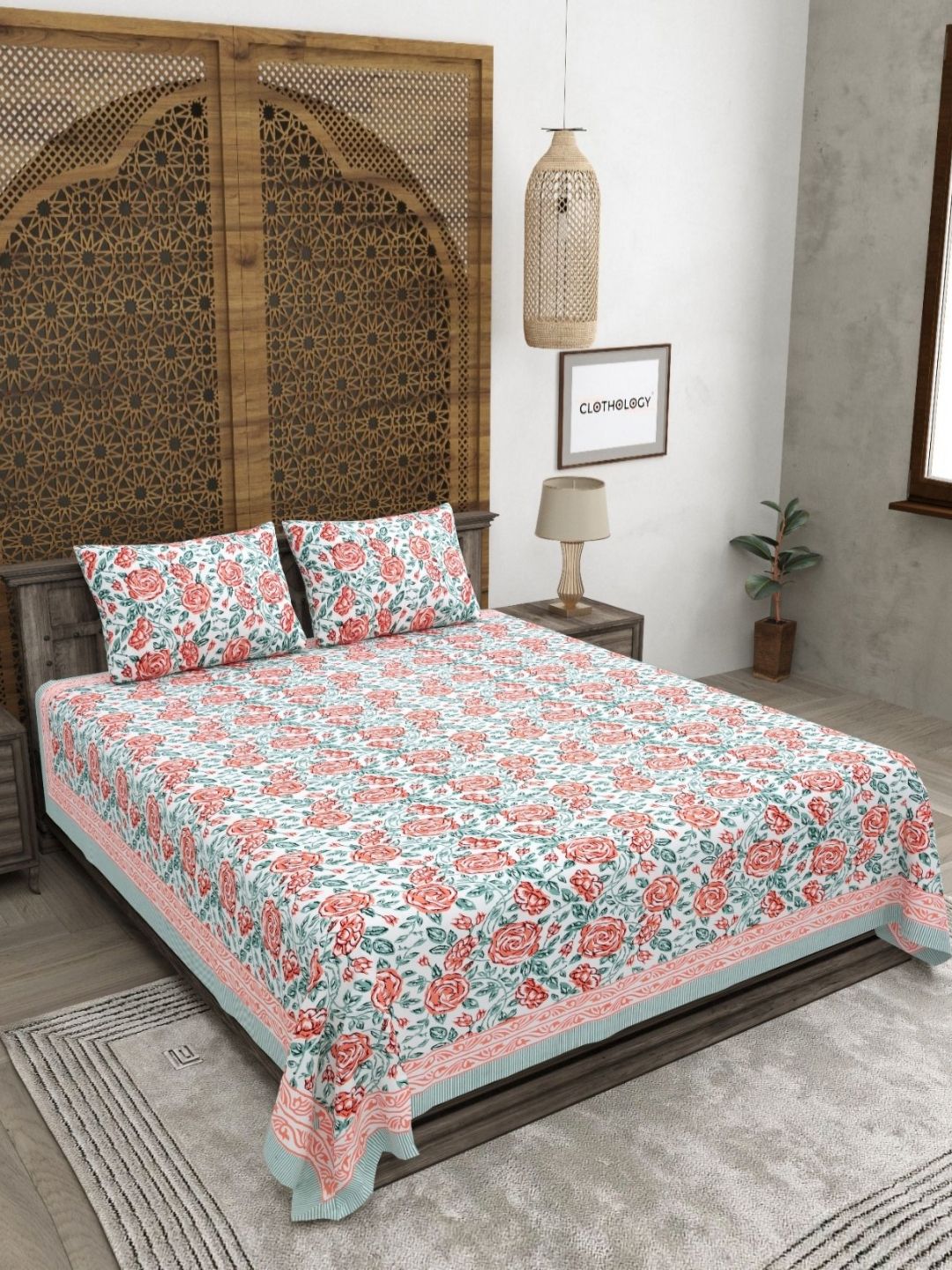 CLOTHOLOGY CLOTHOLOGY Coral Royal Rose Gulistan 180 TC Cotton King Bedsheet with 2 Pillow Cover