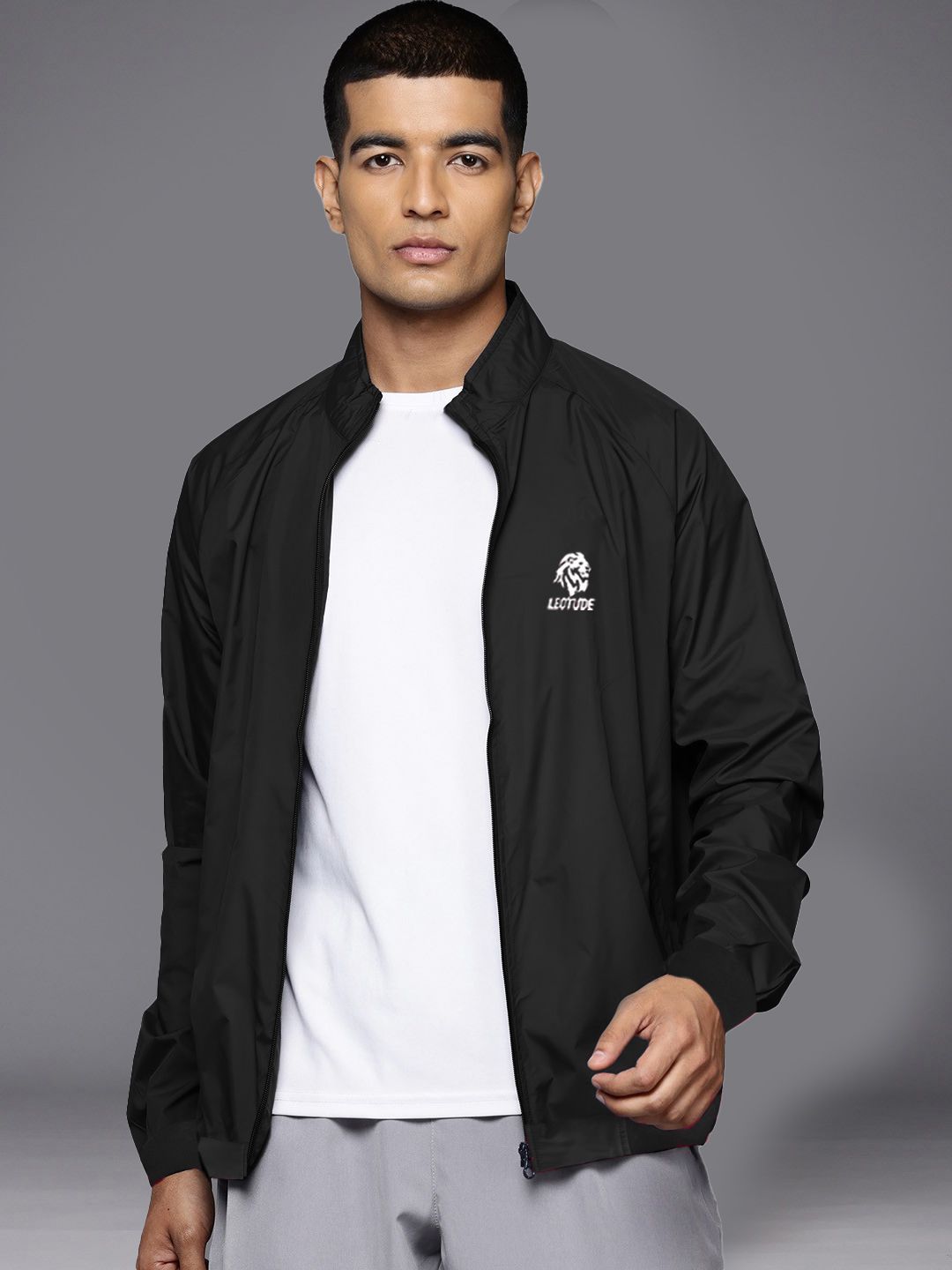 Leotude Men Mock Collar Solid Casual Bomber Jacket