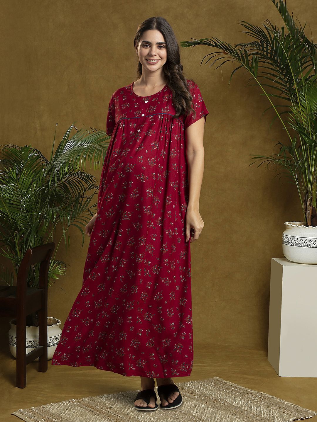 MomToBe Women Floral Printed Maternity Maxi Nightdress