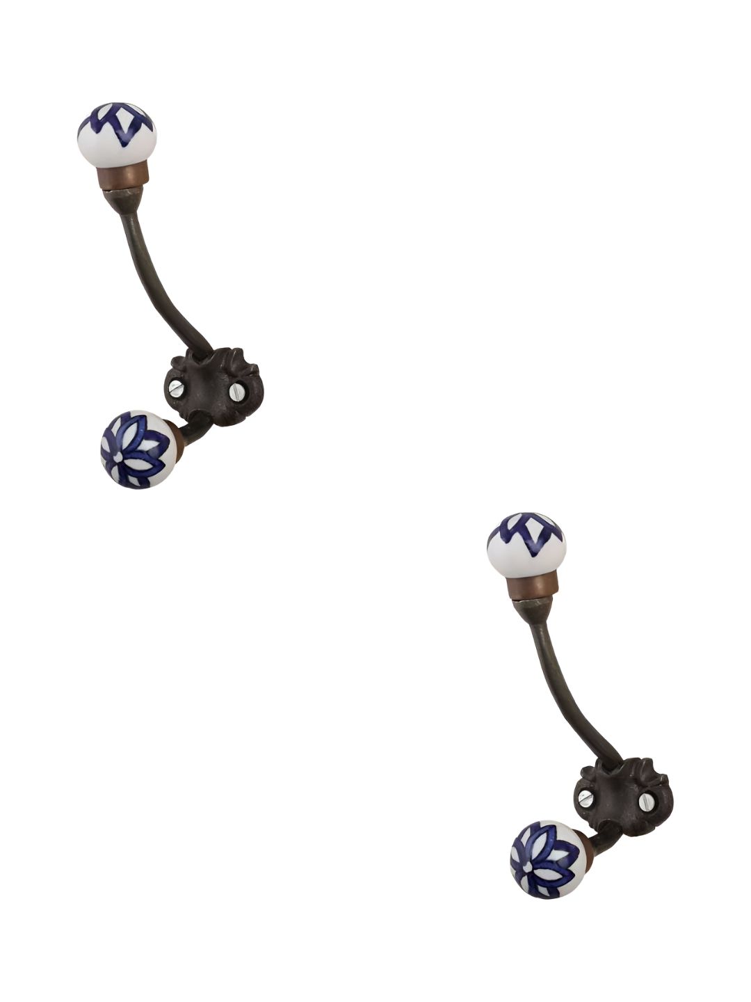 IndianShelf Blue & White 2 Pieces Ceramic Floral Door Hangers Wall Hooks