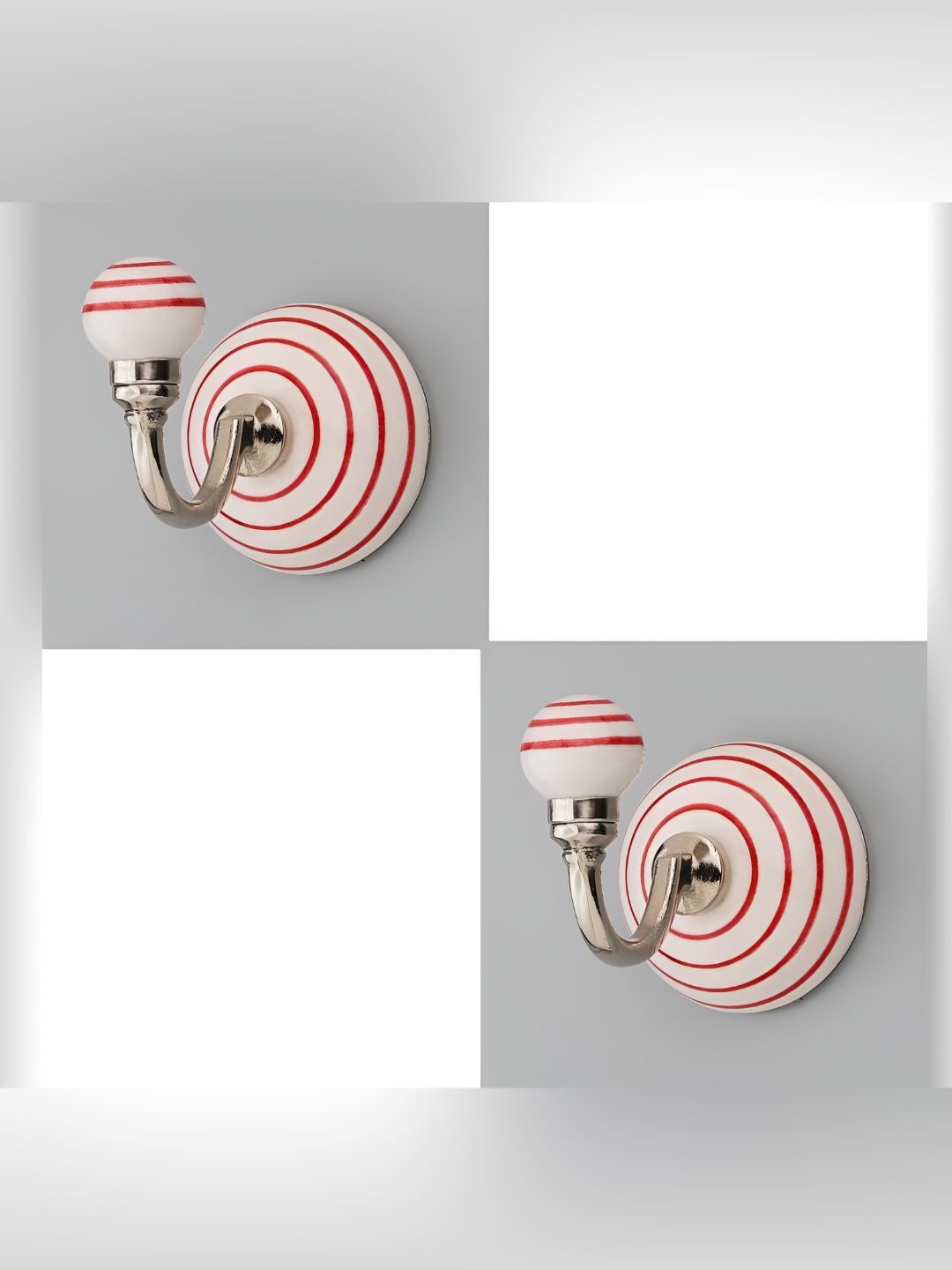 IndianShelf White & Red 2 Pieces Ceramic Strip Wall Hooks