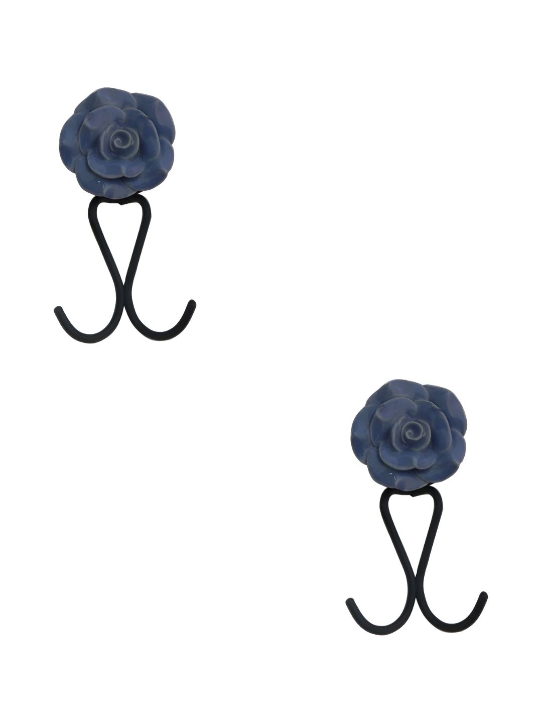 IndianShelf Blue & Black 2 Pieces Rose Textured Ceramic Wall Hooks