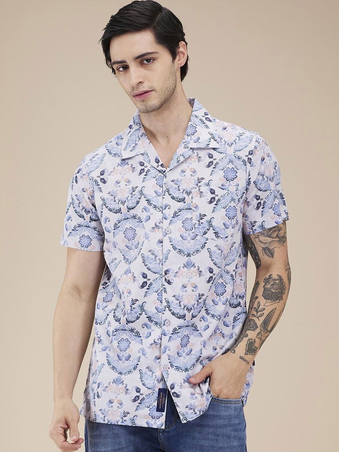 Being Human Men Classic Cuban Collar Floral Printed Cotton Casual Shirt