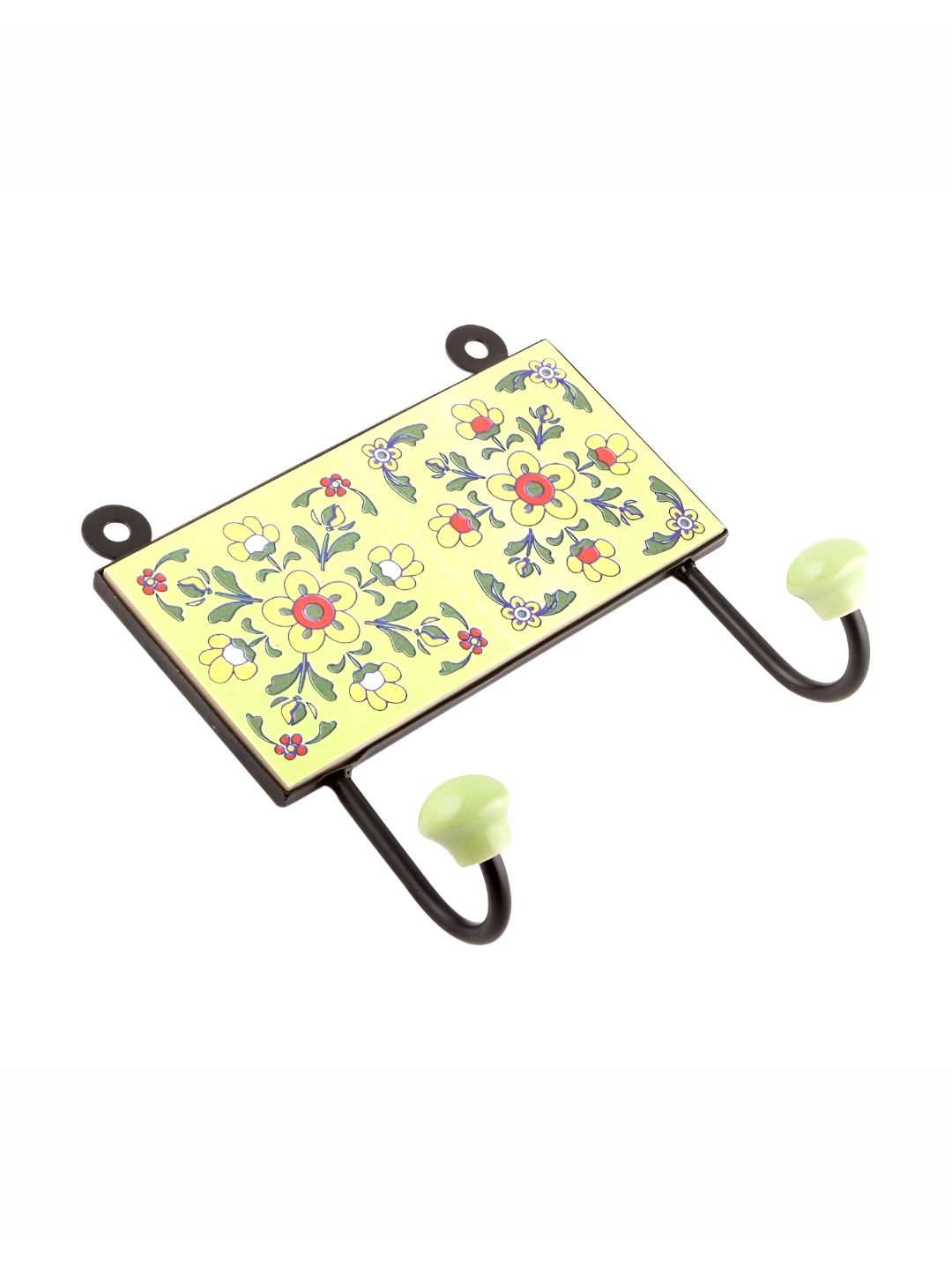 IndianShelf Yellow & Green Ceramic Floral Tile Hooks for Wall Heavy Items Key Holders