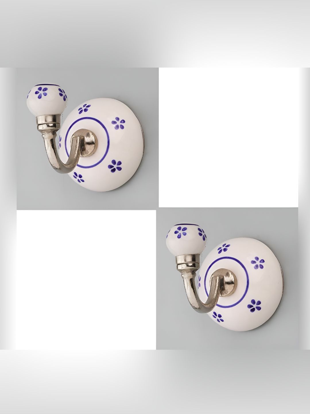 IndianShelf Blue & White 2 Pieces Ceramic Floral Coat Hooks Wall Hanging