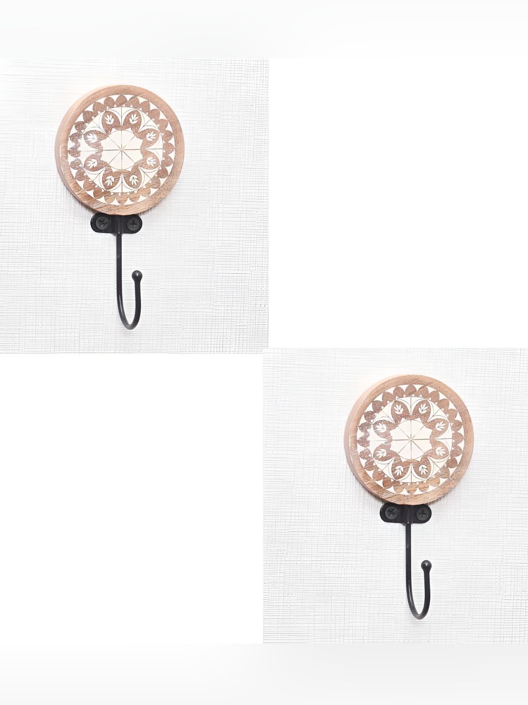 IndianShelf Brown & White 2 Pieces Wood Floral Key Holder Wall Hooks