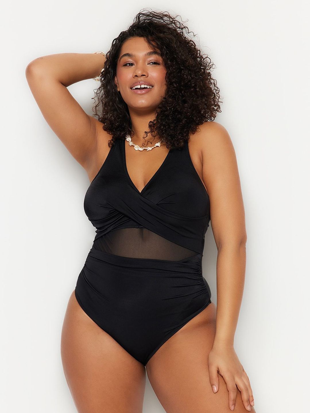 Trendyol Plus Size V-Neck Swim Bodysuit