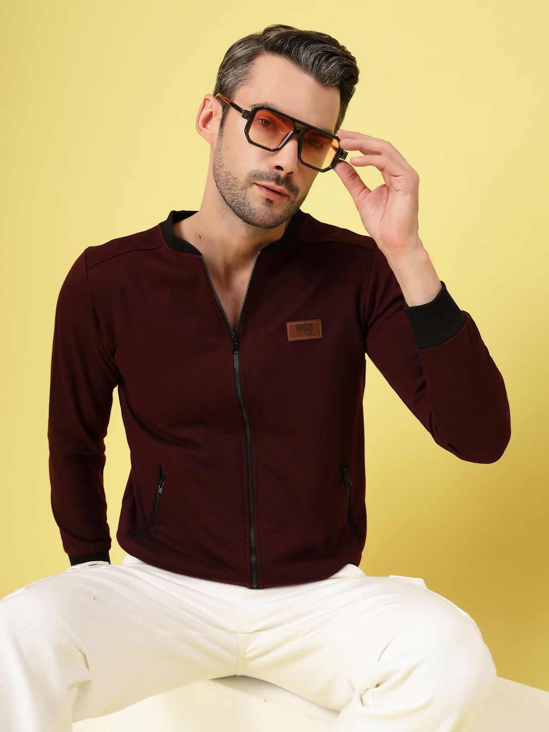 Rigo Men Collarless Solid Fleece Casual Open Front Jacket