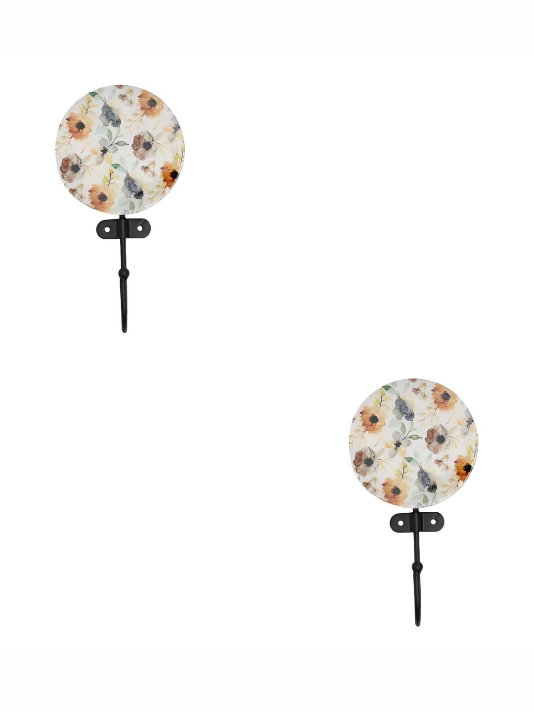 IndianShelf Brown & White 2 Pieces Floral Printed Resin Wall Hooks
