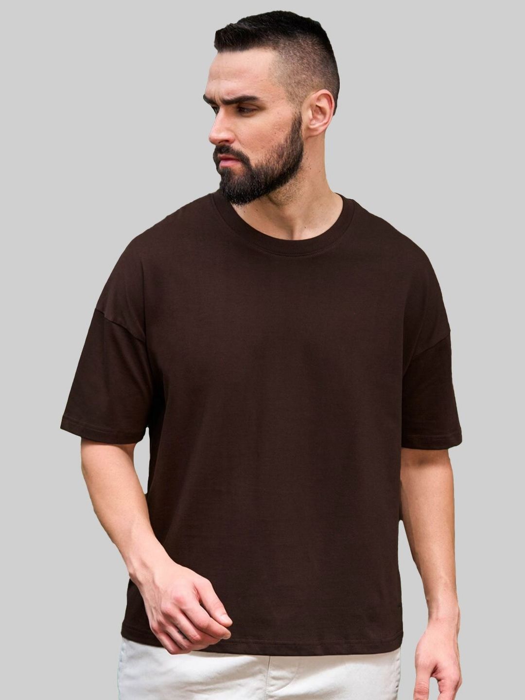 Leotude Men Solid Round Neck Cotton Oversized T-shirt