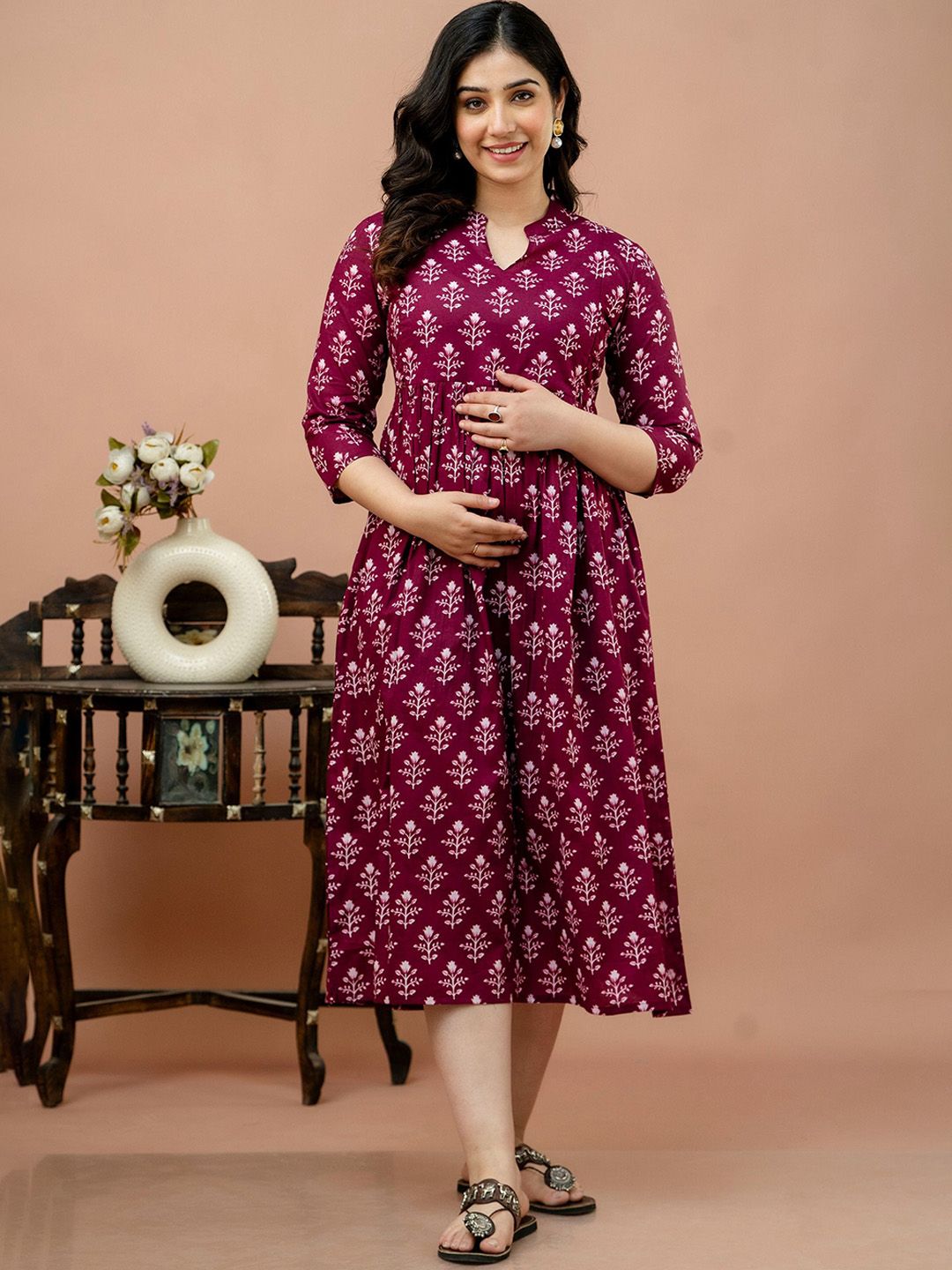 CELEBRAVO Women Floral Printed Pure Cotton Fit & Flare Maternity Ethnic Dress