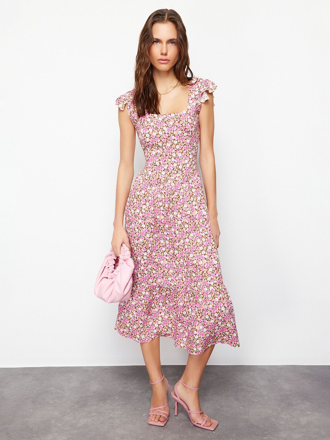 Trendyol Floral Printed Flutter Sleeve A-Line Midi Dress