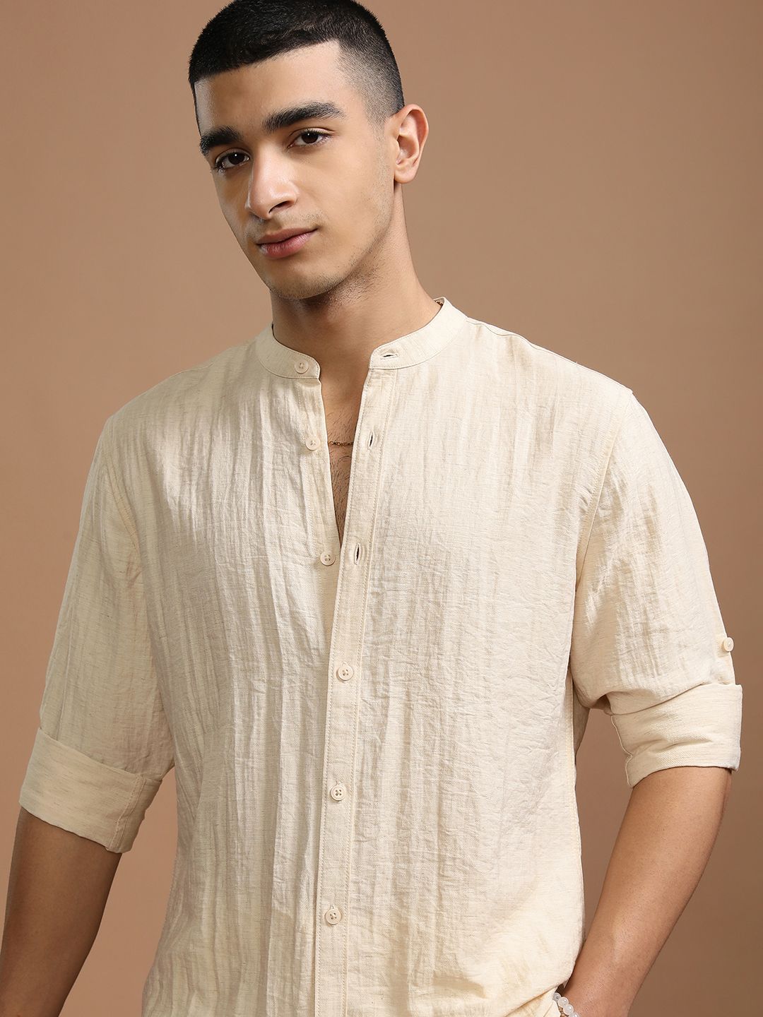 HIGHLANDER Men Band Collar Textured Casual Shirt