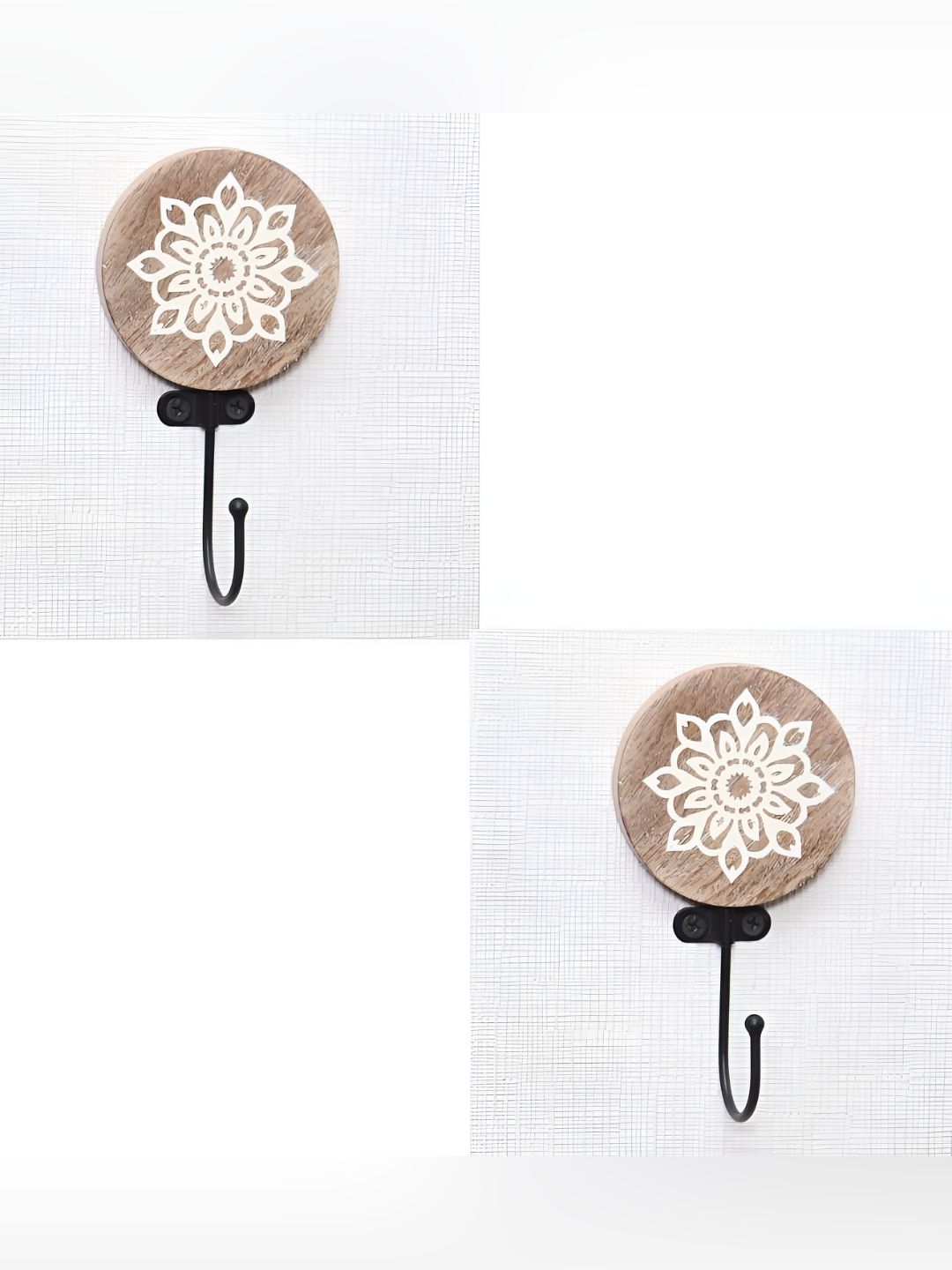 IndianShelf Brown & White 2 Pieces Floral Printed Wood Wall Hooks