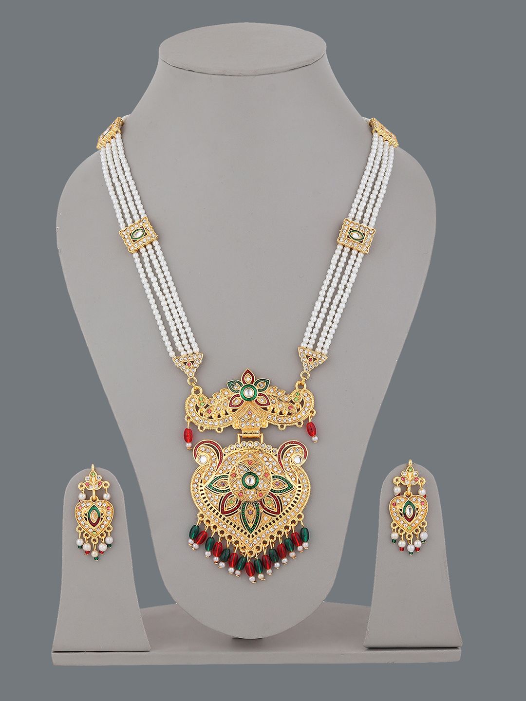 RHOSYN Gold-Plated CZ Stone Studded & Beaded Jewellery Set