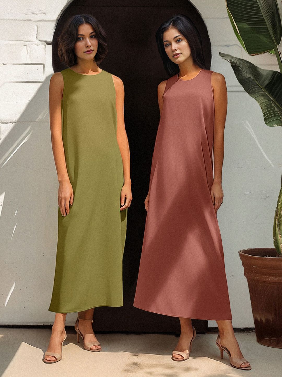 Trendyol Pack Of 2 Round Neck Cotton Midi A-Line Dress