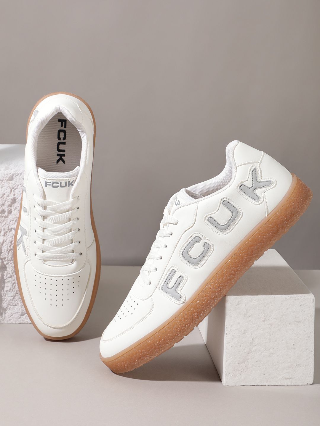 FCUK Men Brand Logo Printed Round-Toe Sneakers with Perforated Detail