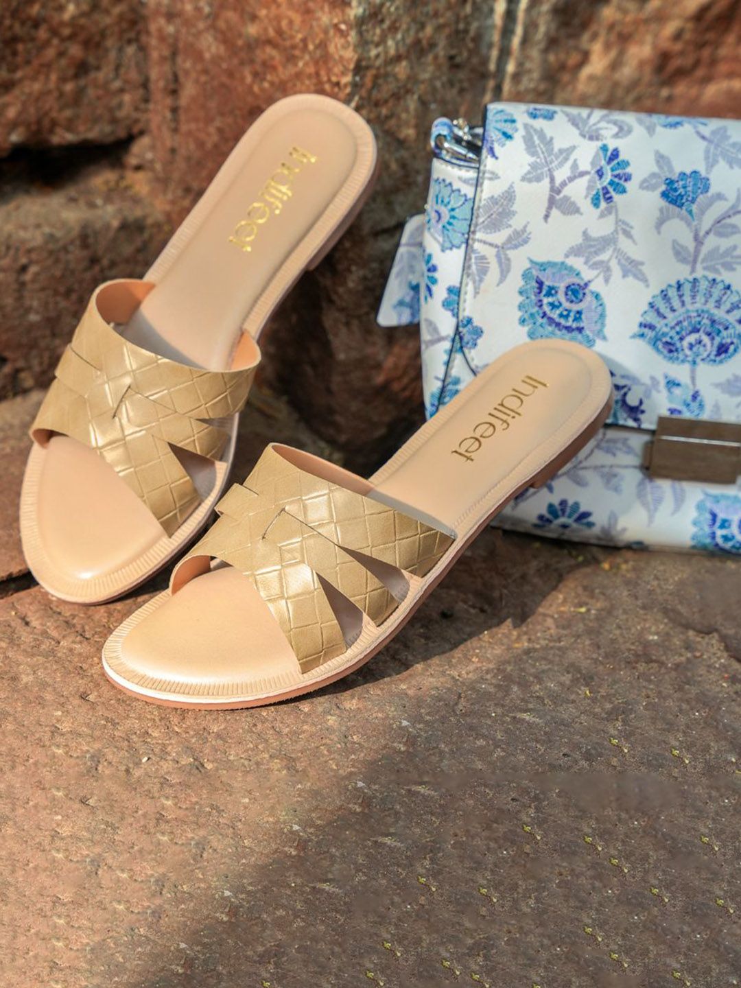Indifeet Women Textured Open Toe Beige Flat Slippers