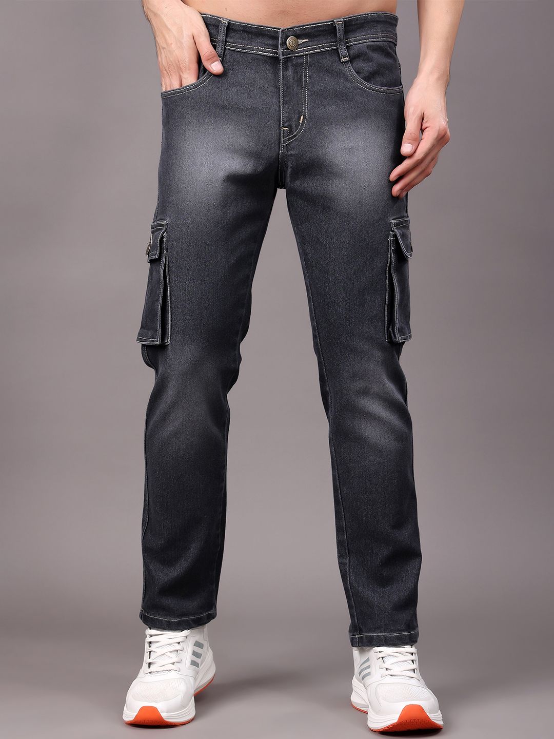ZAYSH Men Regular Fit Mid-Rise Light Fade Cotton Cargo Styles Jeans