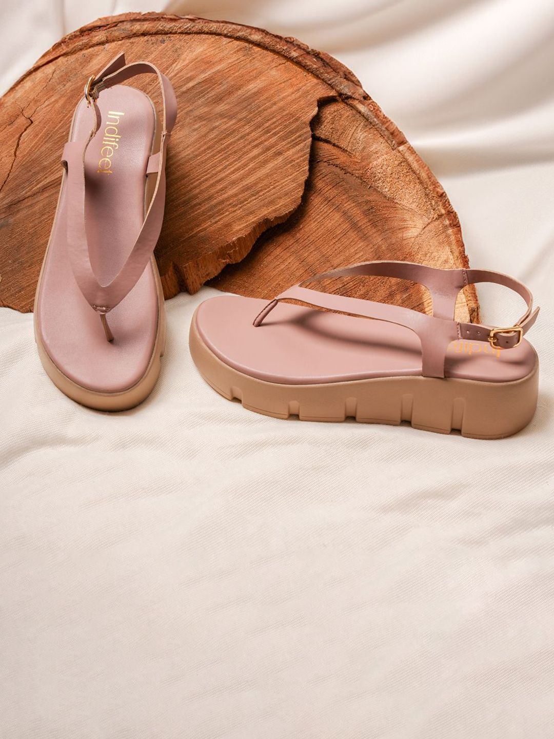 Indifeet Women Buckled Chunky Pink Thong Platform Heel Sandals