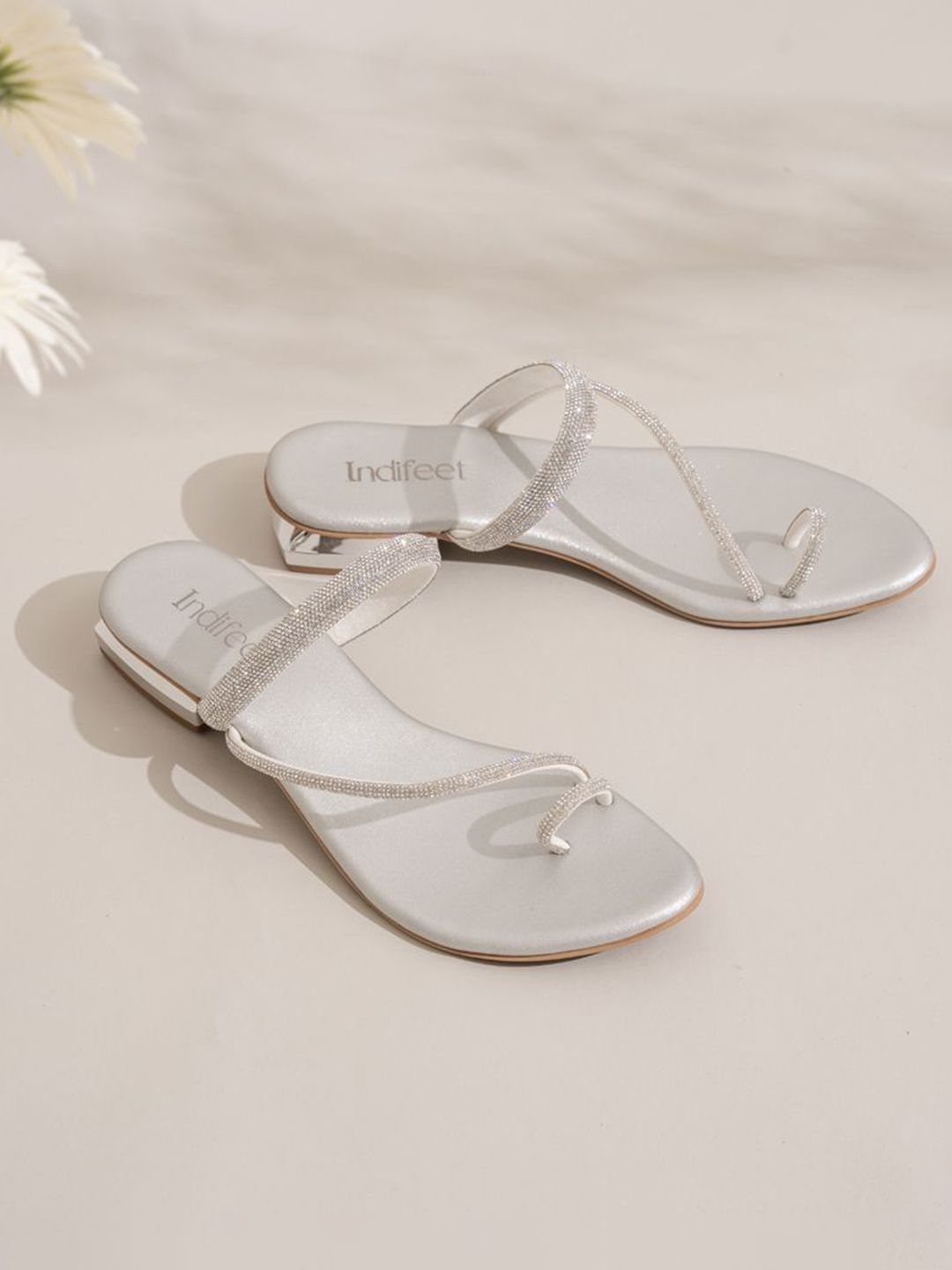 Indifeet Women Embellished Ethnic and Traditional Toe Ring Silver Block Heel Sandals