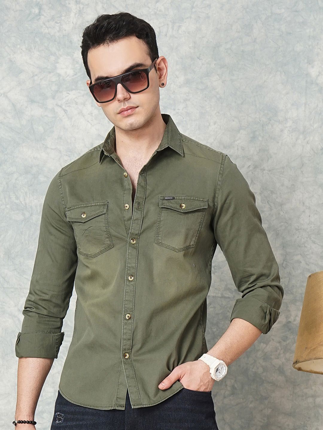 The Indian Garage Co Men Olive Green Solid Casual Shirt