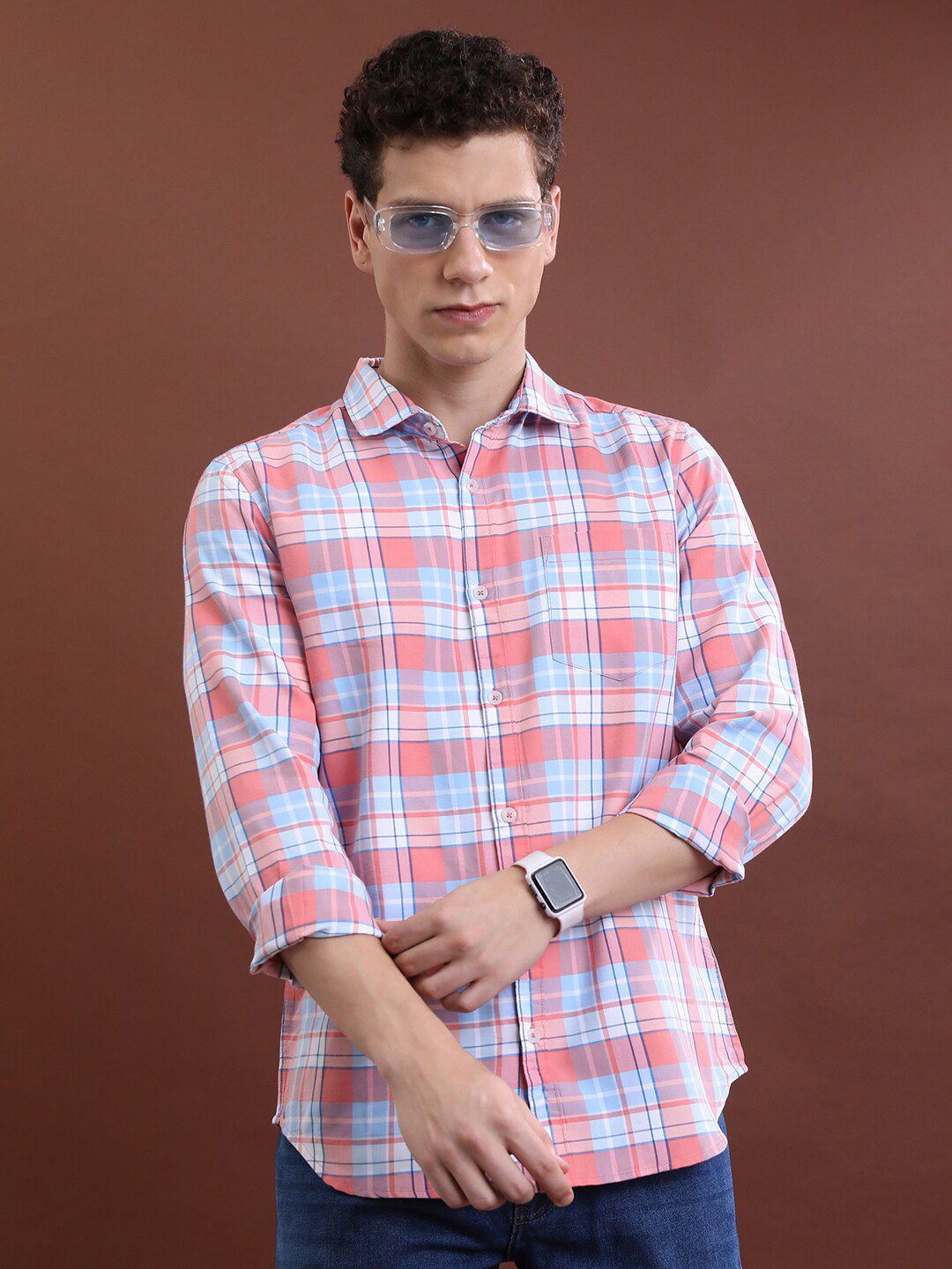 HIGHLANDER Pink Slim Fit Tartan Checked Casual Shirt