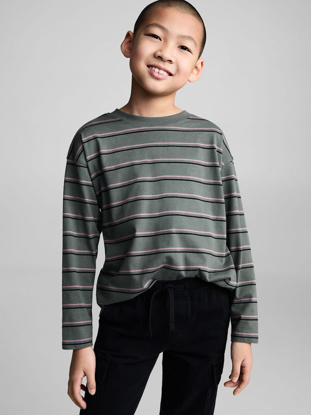 Mango Kids Boys Striped Drop-Shoulder Sleeves Pure Cotton Oversized T-shirt