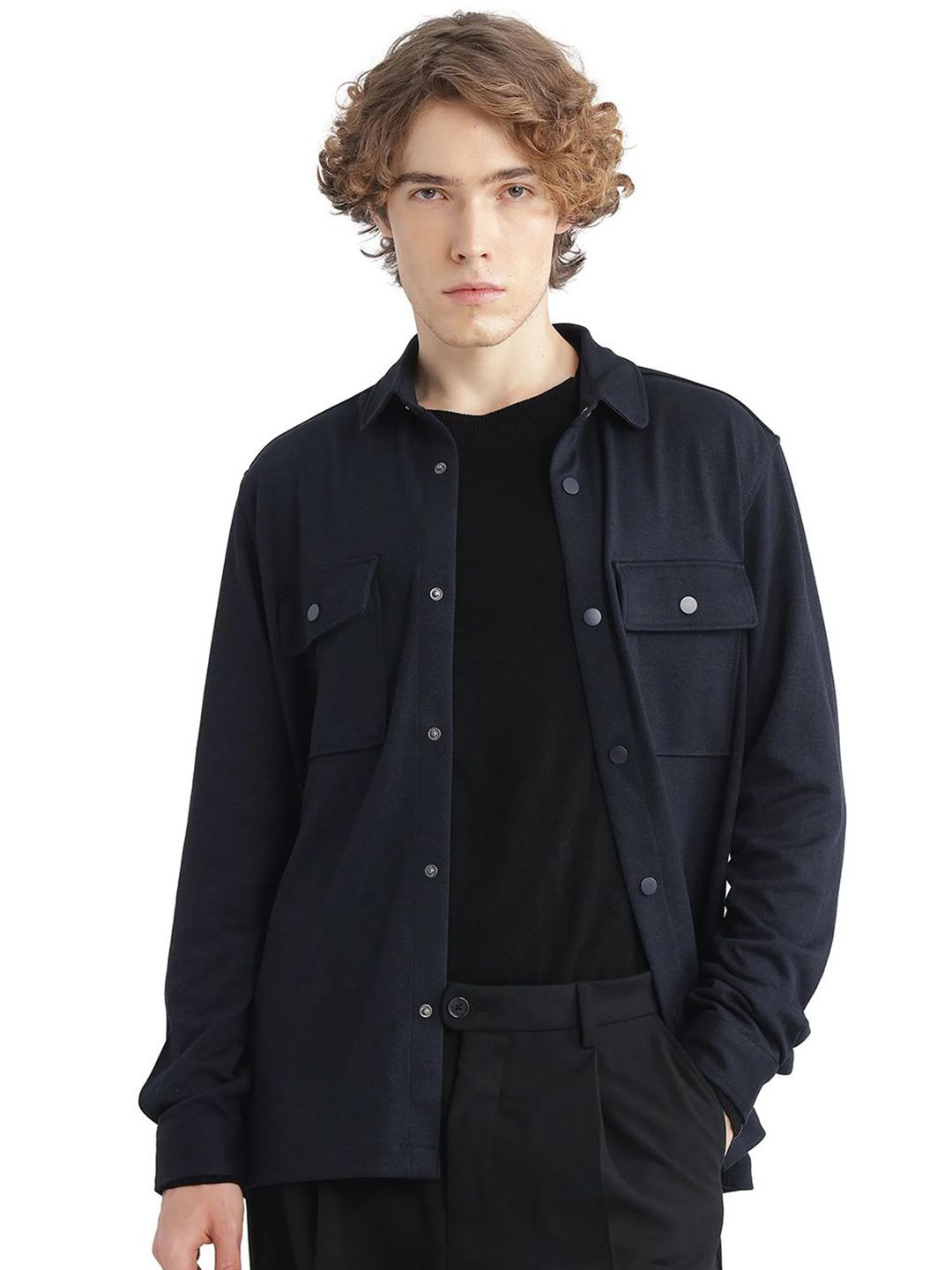 RARE RABBIT Men Navy Regular Fit Plain Casual Shacket
