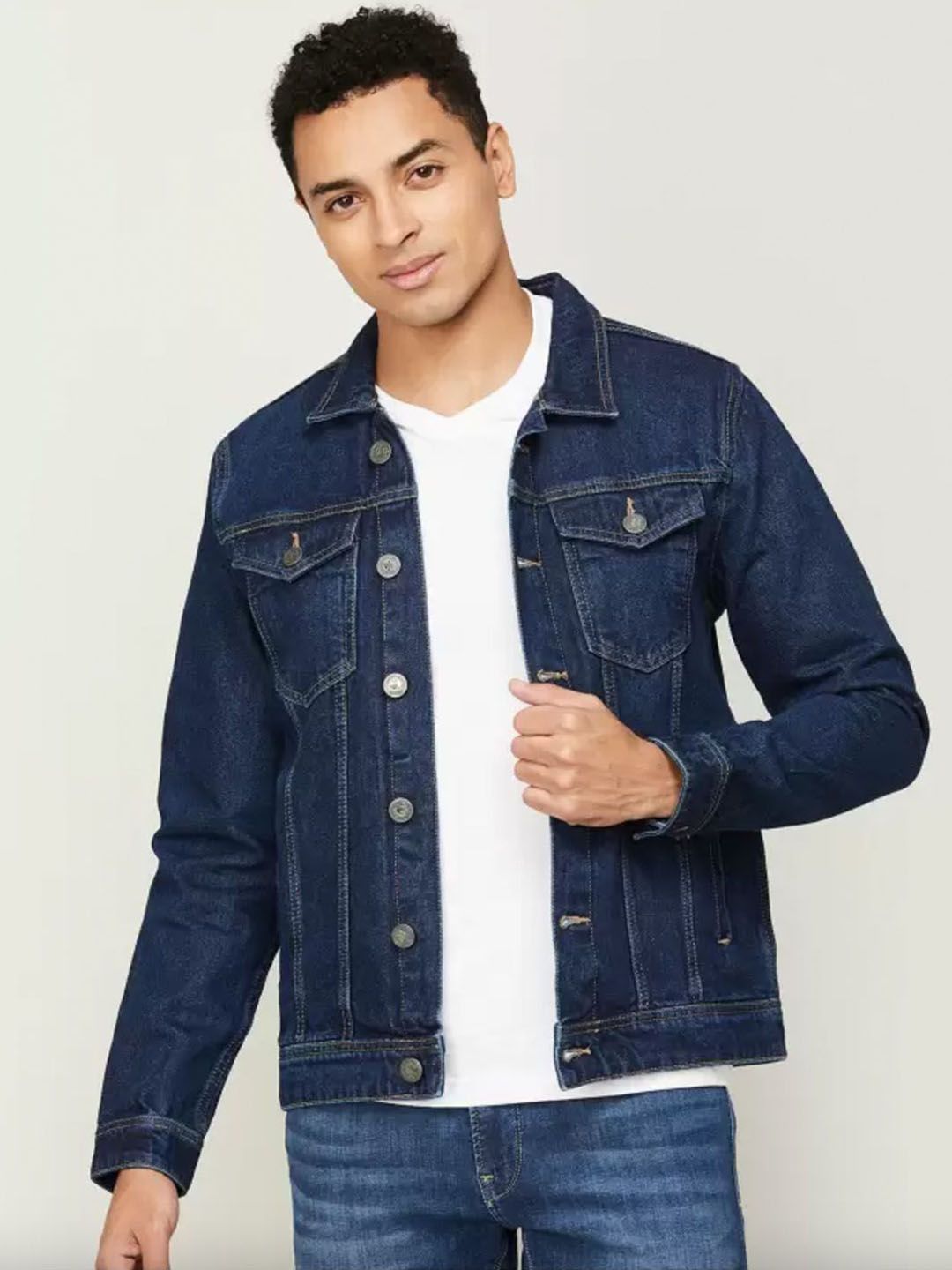 MASTERLY WEFT Men Washed Outdoor Denim Jacket with Patchwork