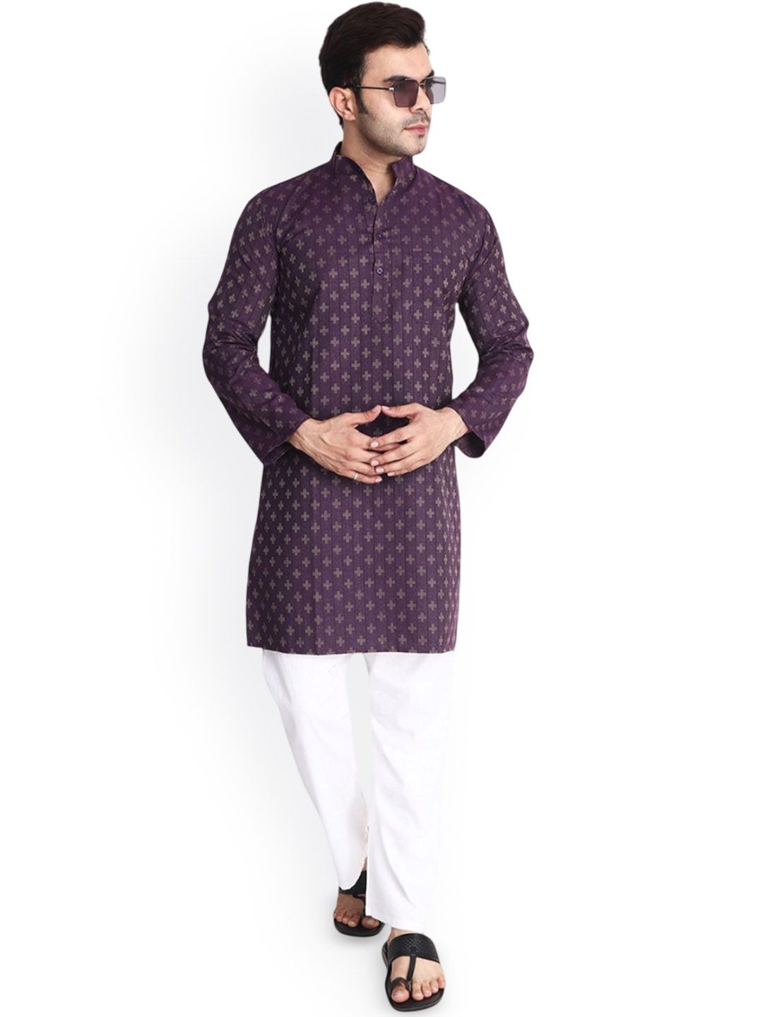 Aaryavar Geometric Woven Design Mandarin Collar Long Sleeves Cotton Straight Kurta