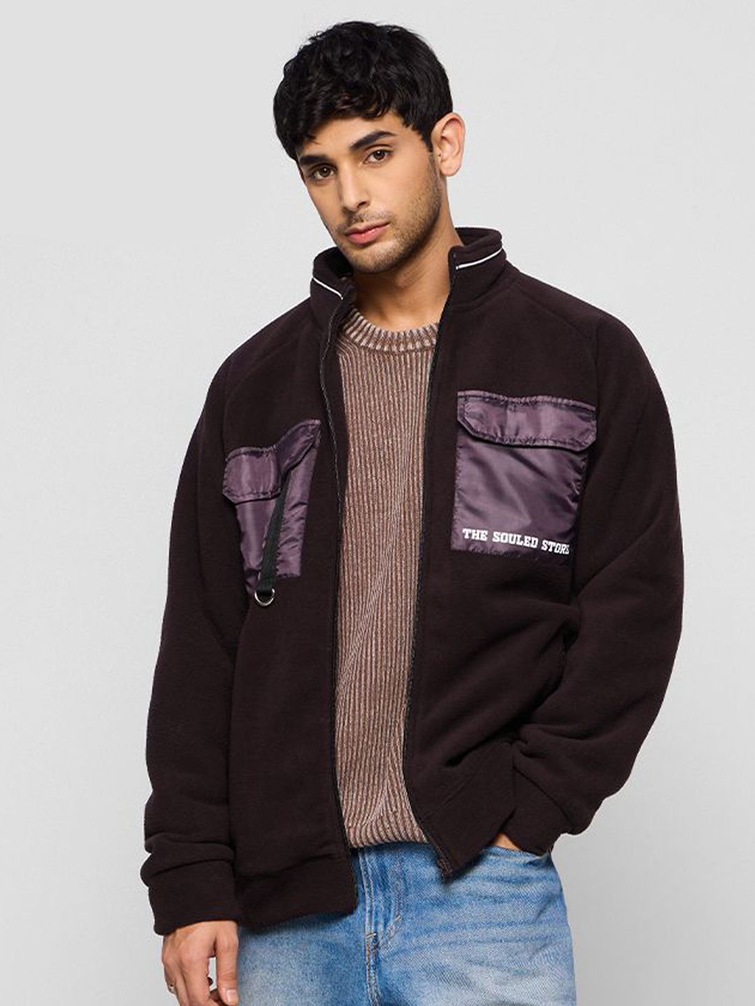 The Souled Store Plum Men Stand Collar Printed Polyester Regular Fit Jackets