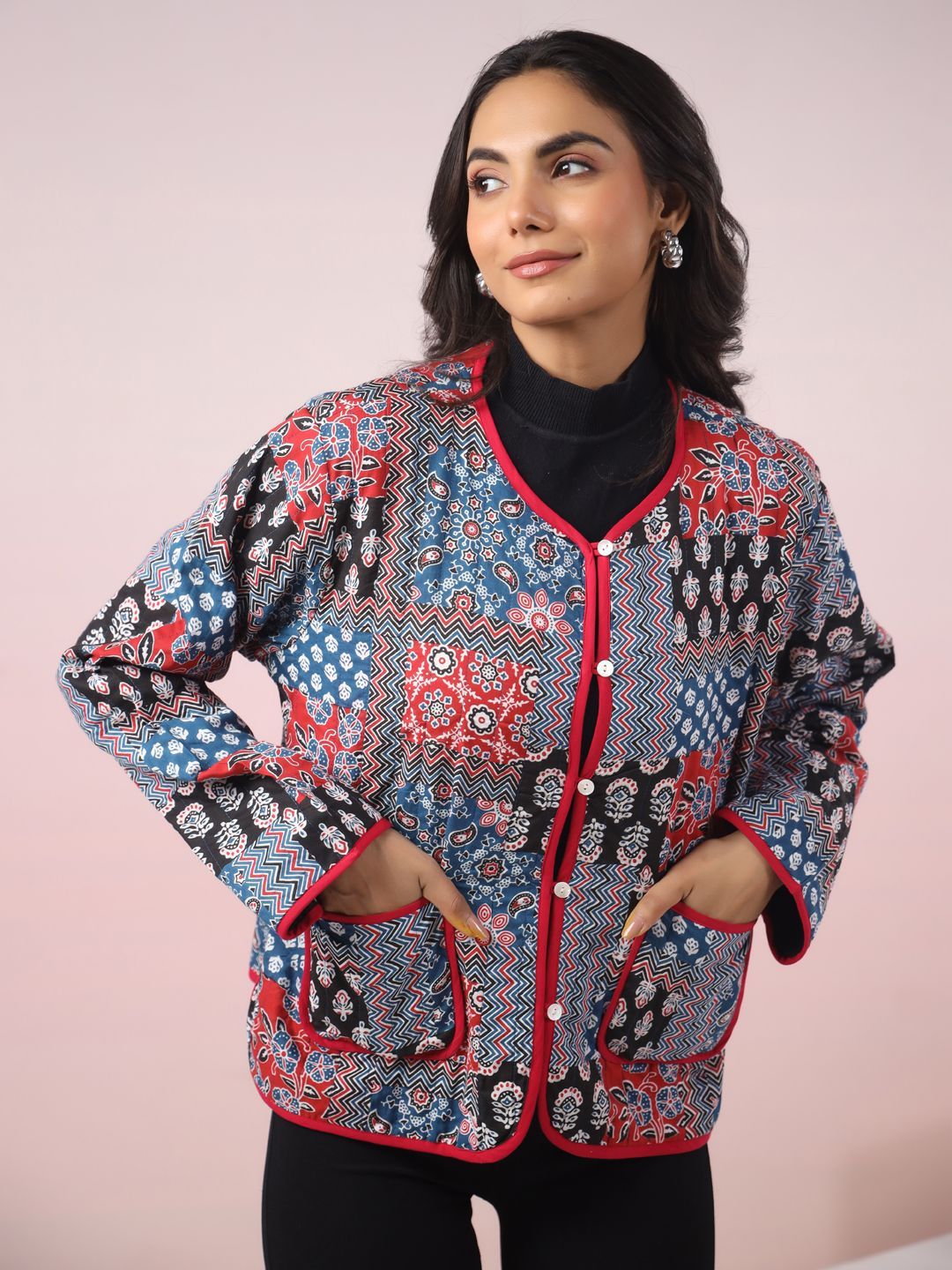 Jaipur Morni Women Collarless Floral Printed Cotton Ethnic Lightweight Tailored Jacket