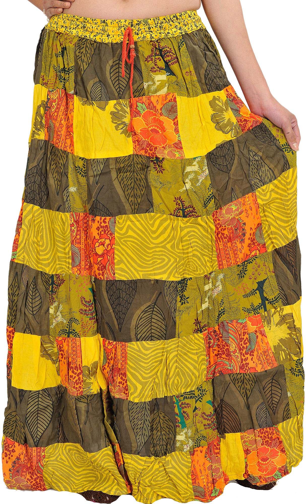 Exotic India Printed Pure Cotton Flared Maxi Skirt