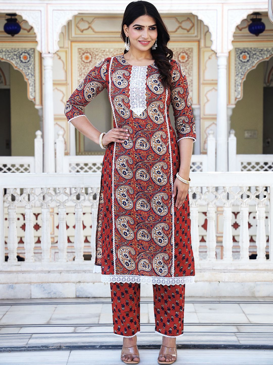 ELVISH JAIPUR Paisley Printed Embroidered Pure Cotton Kurta With Trouser And Dupatta