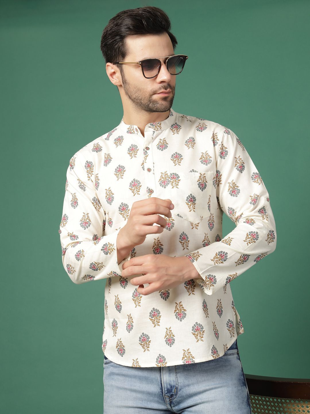 Sangria X fwd  White Floral Printed Band Collar Regular Pure Cotton Straight Kurta