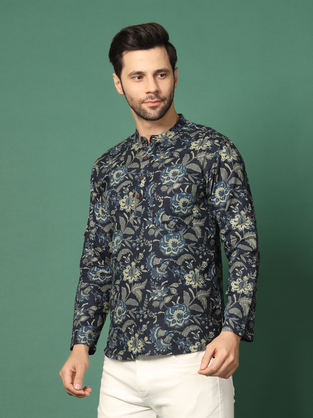 Sangria X fwd Navy Blue Floral Printed Band Collar Regular Pure Cotton Straight Kurta