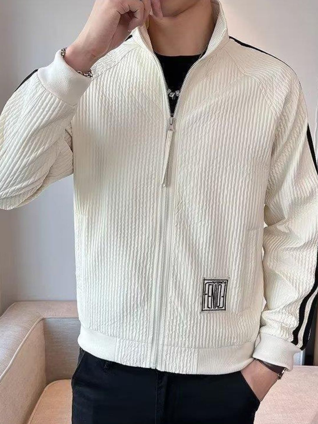 StyleCast Men Mock Collar Self Design Casual Bomber Jacket