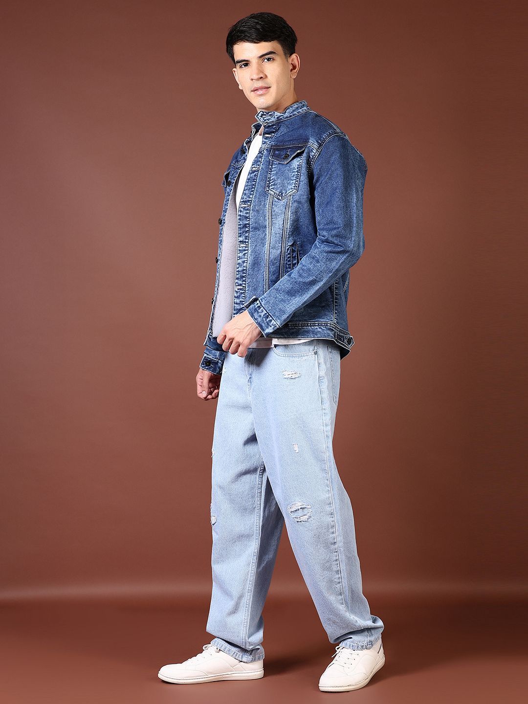 Buy V-Mart Men Mandarin Collar Washed Solid Casual Denim Jacket
