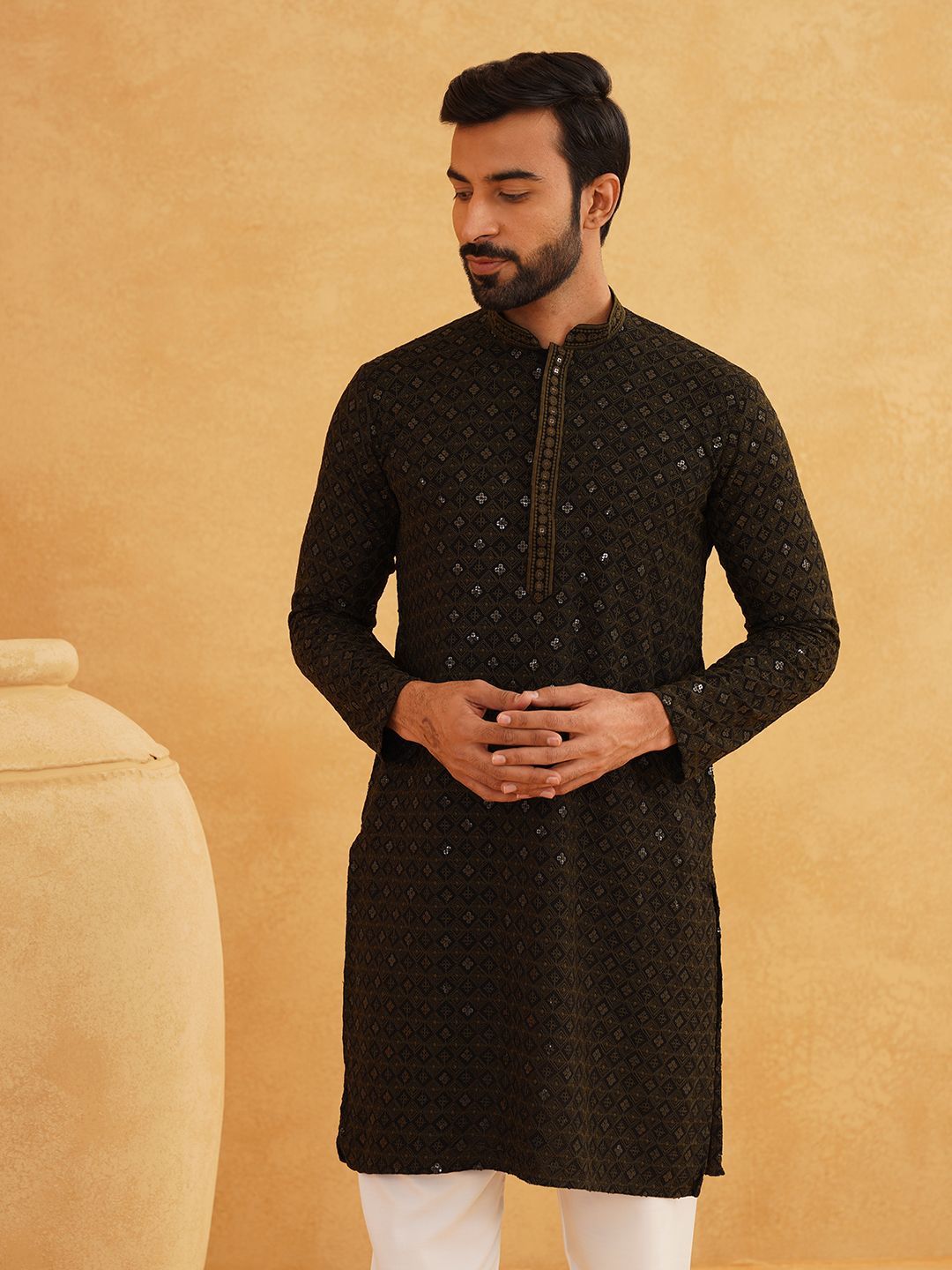 SOJANYA Geometric Sequinned Mandarin Collar Pure Cotton Straight Long Kurta