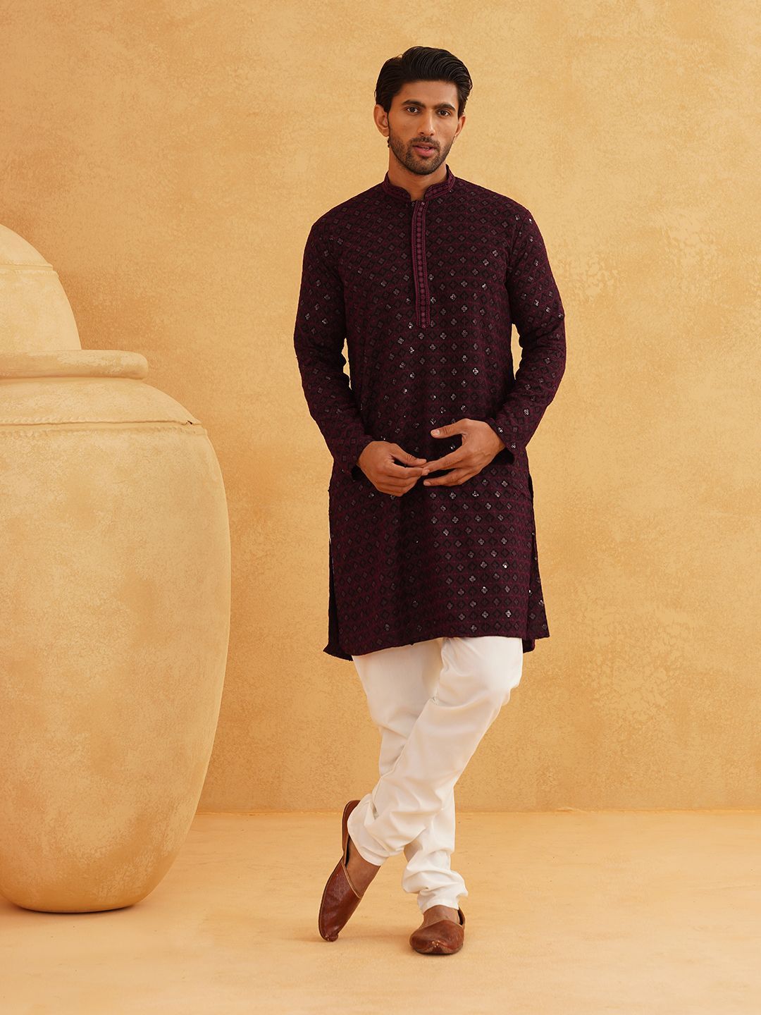SOJANYA Ethnic Motifs Embroidered Mandarin Collar Sequinned Pure Cotton Straight Kurta
