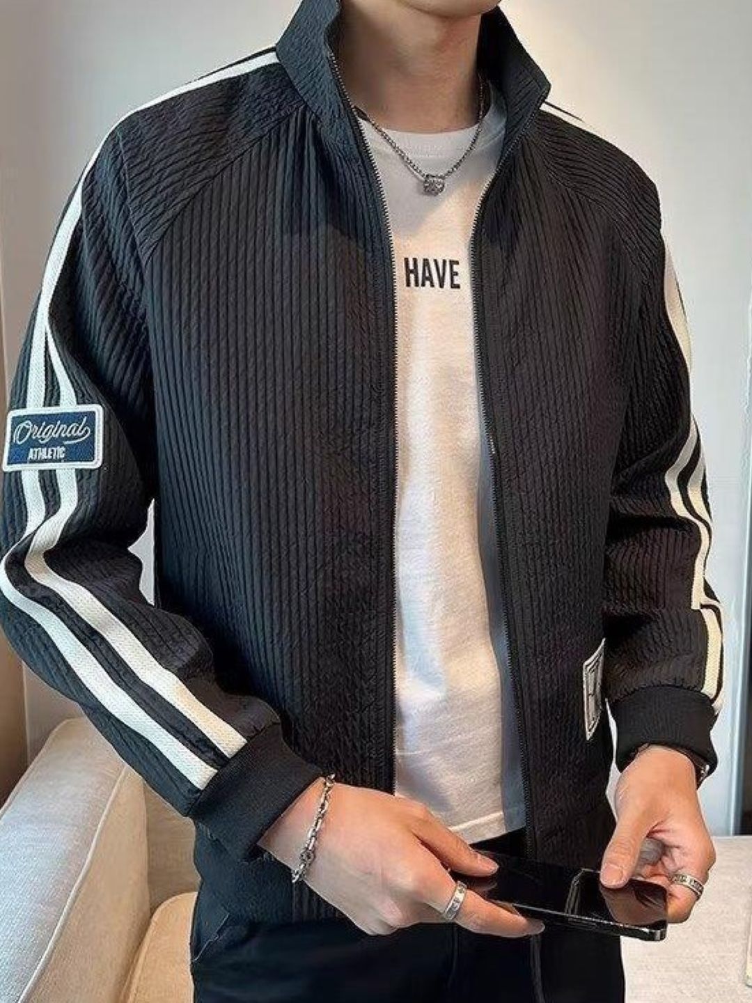 StyleCast Men Mock Collar Striped Casual Bomber Jacket